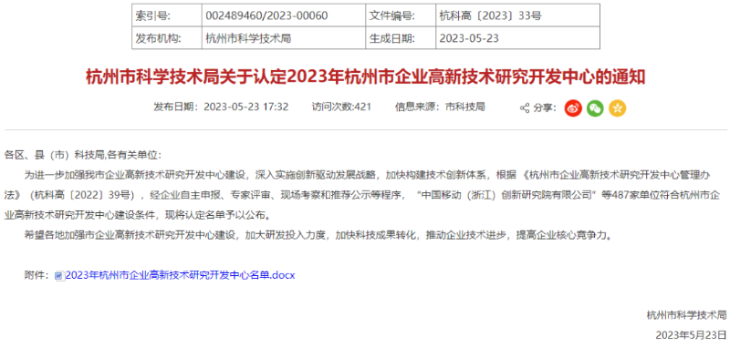 合慧智能通過(guò)“杭州市企業(yè)高新技術(shù)研究開(kāi)發(fā)中心”的認(rèn)定